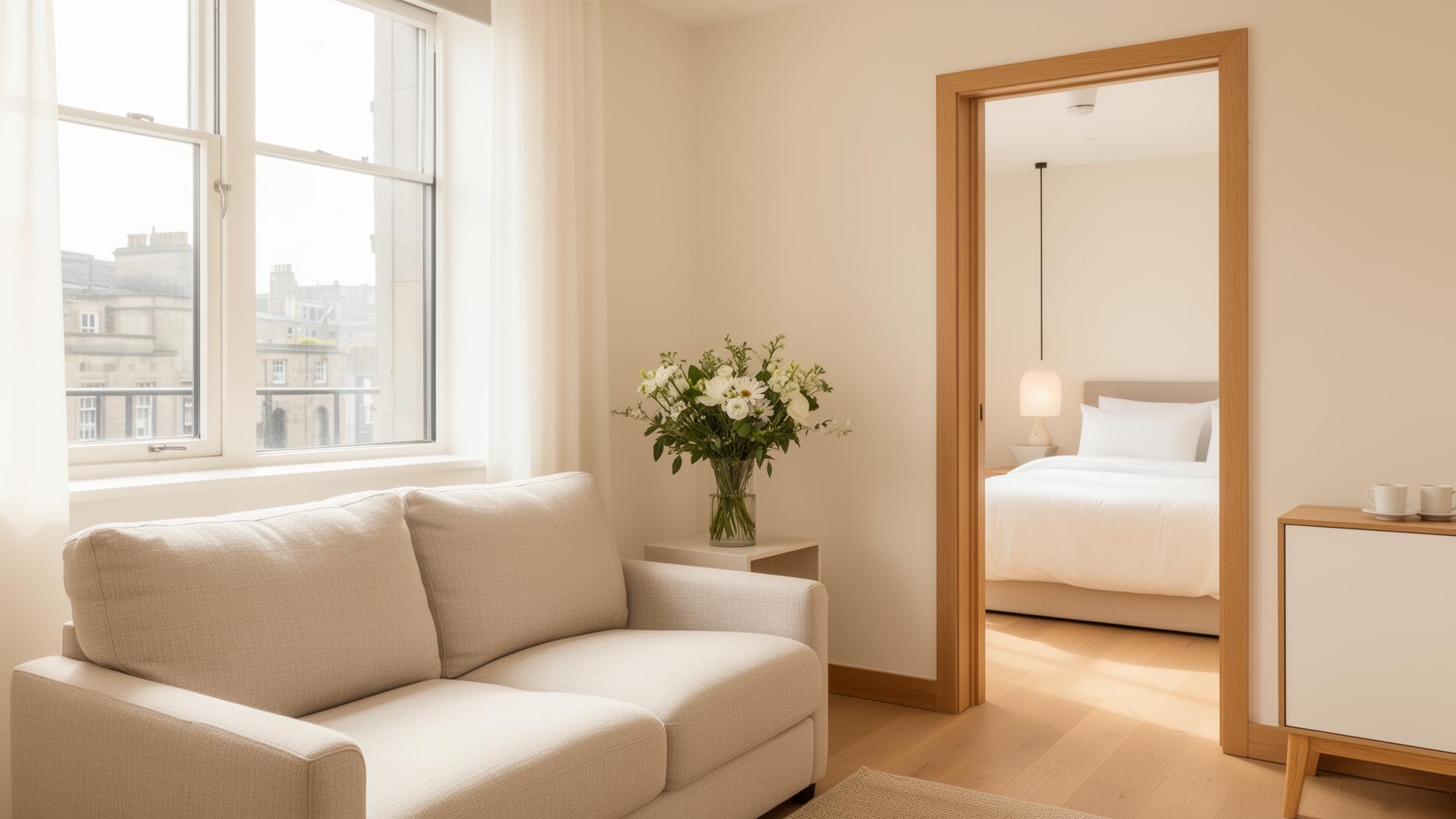Bright styled Newcastle city centre apartment with cream sofa and oak floors